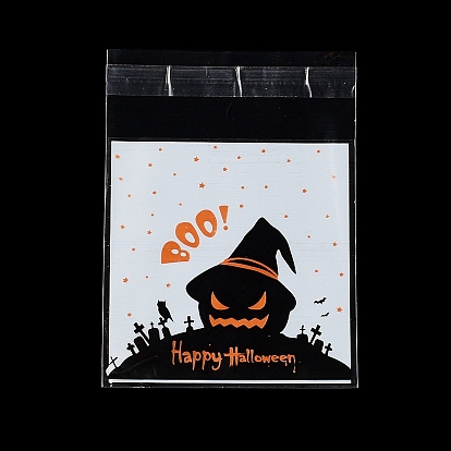 Bolsa de plástico para hornear con tema de halloween, con autoadhesivo, para chocolate, caramelo, galletas, cuadrado con calabaza/casa