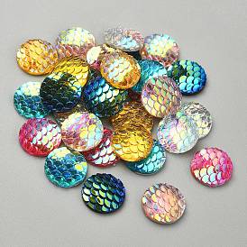 30Pcs 6 Colors Resin Cabochons, AB-Color, Flat Round with Mermaid Fish Scale