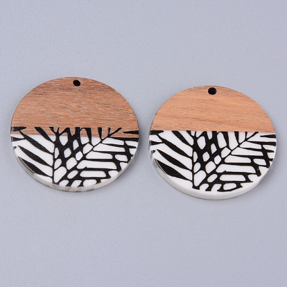 Resin & Walnut Wood Pendants, Two Tone, Flat Round with Leaf