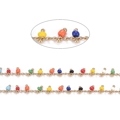 Laiton chaînes de perles de verre à la main, avec bobine, soudé, plaqué longue durée, réel 18 k plaqué or, rondelle