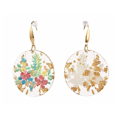 Transparent Epoxy Resin Flat Round with 3D Printed Flower Pattern Dangle Earrings, with Gold Foil, with 316 Surgical Stainless Steel Hooks