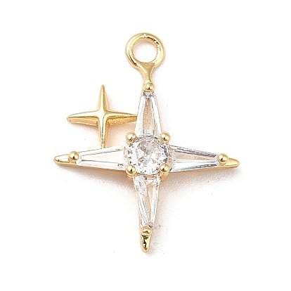Brass Cubic Zirconia Pendants, Real 18K Gold Plated, Sparkling Star Charm