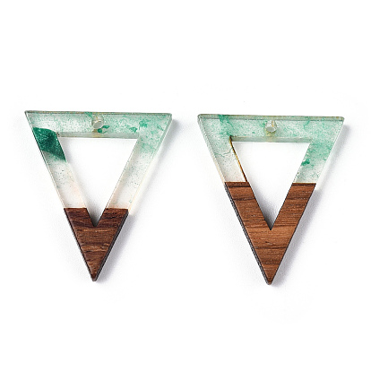 Colgantes de resina transparente y madera de nogal, con polvo del brillo, encantos de triángulo hueco