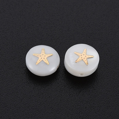 Natural Freshwater Shell Beads, with Golden Plated Brass Metal Embellishments, Flat Round with Star