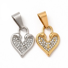 304 Stainless Steel Pendants, with Crystal Rhinestone and 201 Stainless Steel Snap on Bails, Heart Pad Charms