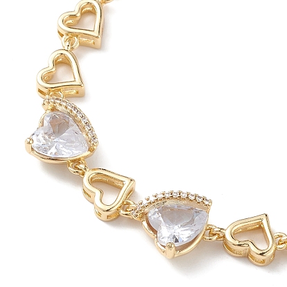 Clear Cubic Zirconia Heart Link Bracelets, Brass Rolo Chains for Women
