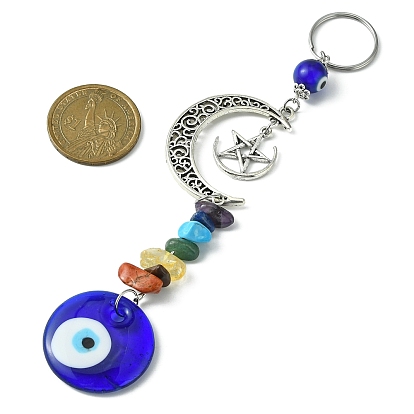 Flat Round with Evil Eye Handmade Lampwork Pendant Decorations, with Chakra Gemstone Chip and Alloy Moon & Star Hanging Ornaments