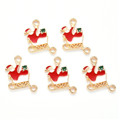 Alloy Enamel Links Connectors, for Christmas, Father Christmas with Sledge, Light Gold