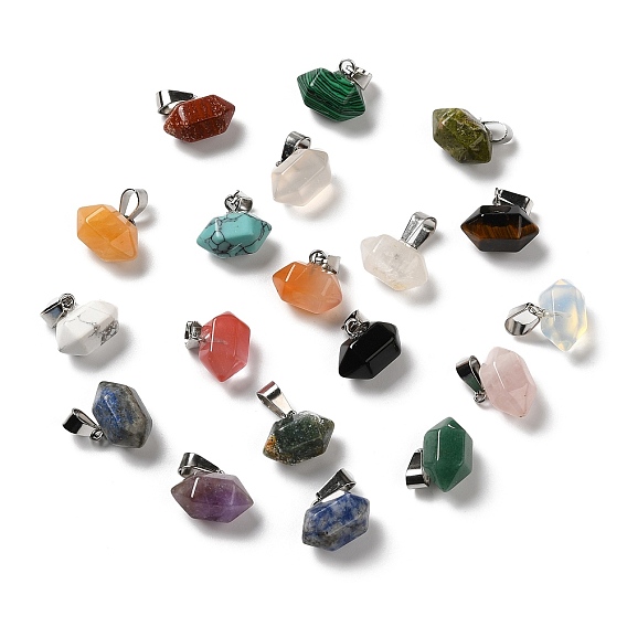 Gemstone Pointed Pendants, Faceted Bullet Charms, with Platinum Tone Iron Snap on Bails