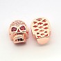 Fashionable Brass Micro Pave Cubic Zirconia Skull Hollow Beads, Cadmium Free & Nickel Free & Lead Free, 13x10x7mm, Hole: 2mm