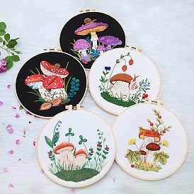 DIY Mushroom Pattern Embroidery Starter Kits, including Bamboo Embroidery Hoop, Canvas, Thread, Sewing Needle
