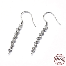 925 Sterling Silver Dangle Earring Findings, with Cubic Zirconia, For Half Drilled Beads, Clear