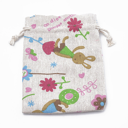 Bolsas de embalaje de poliéster (algodón poliéster) Bolsas con cordón, Con flor impresa y conejo.