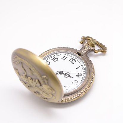 Plana redonda tallada dragón de cuarzo aleación de la vendimia del reloj cabezas colgantes para el collar del reloj de bolsillo, 60x46x15 mm