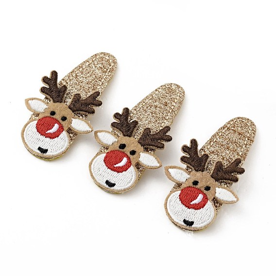 Tissu Gretel scintillant avec des cerfs de Noël et des pinces à cheveux en cuir PU, avec des clips de fer, accessoire de cheveux pour les filles