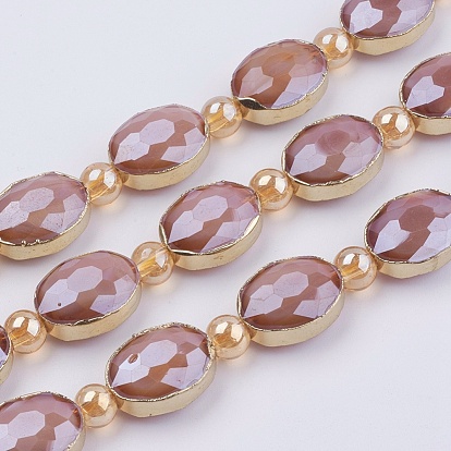 Perles verre opaque brins, avec les accessoires en laiton, perle plaquée lustre, facette, ovale