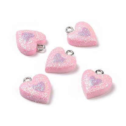 Opaque Resin Pendants, with Glitter Powder and Platinum Tone Iron Loops, Heart/Sun/Star/Flower Pattern