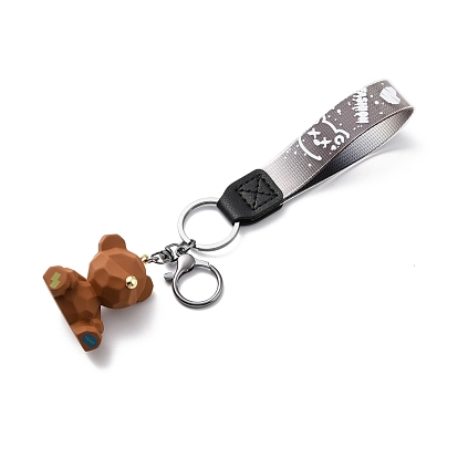 Imitation Leather Clasps Keychain, with Resin Pendants and Zinc Alloy Findings, Bear, Gunmetal