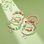 6 Ensembles de bracelets extensibles en perles acryliques, bracelets enfant pour filles, avec des pendantifs en alliage d'émail, perles d'imitation en plastique ABS et fil de cristal élastique