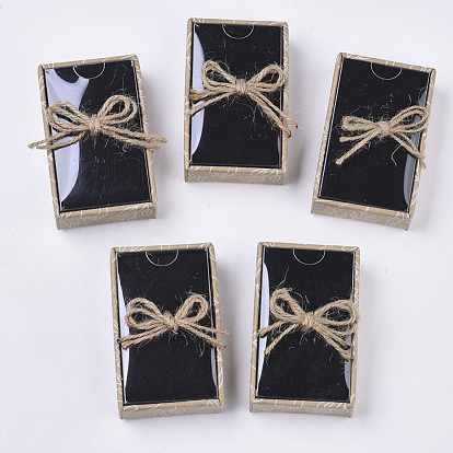 Cardboard Jewelry Boxes, for Ring, Necklace, Earring, with Transparent Lid, Hemp Rope Bowknot and Black Sponge Inside, Rectangle