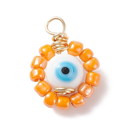 Handmade Lampwork & Glass Pendants, with Brass Findings, Round with Evil Eye