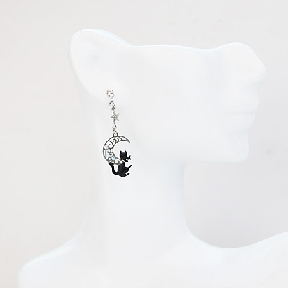 Enamel Cat with Moon Dangle Stud Earrings with Crystal Rhinestone, Brass Drop Earrings with 925 Sterling Silver Pins for Women