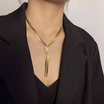 Acrylic Pearl Pendant Lariat Necklace, Golden 304 Stainless Steel Herringbone Chain Double Layer Neklace for Women