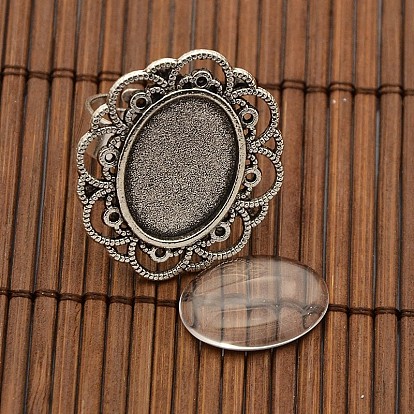 13x18mm Oval Transparent Glass Cabochons and Iron Flower Finger Ring Components Alloy Cabochon Bezel Settings for DIY, 17mm inner diameter, Tray: 13x18mm