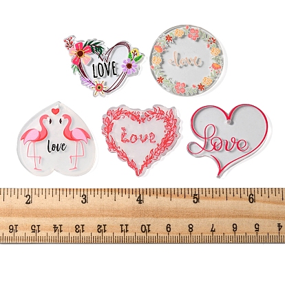 10Pcs 5 Styles Valentine's Day Theme Acrylic Pendants, Heart with Word Love & Flat Round