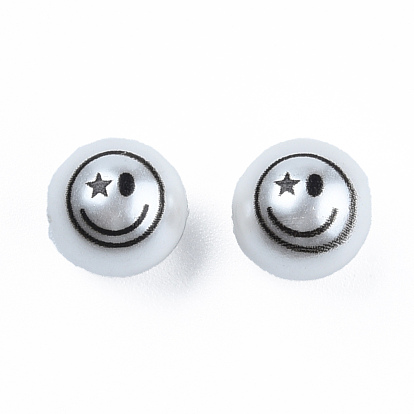 Perles de nacre en plastique ABS, avec imprimé, rond avec le visage souriant