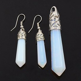 Bullet Gemstone Jewelry Sets Earrings and Pointed Pendants, with Alloy Findings, 34x7x7mm, Pin: 0.8mm, 63~68x10~12x12mm, Hole: 4mm