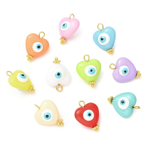 Evil Eye Resin Pendants, Heart Charms with Brass Loops, Mixed Color