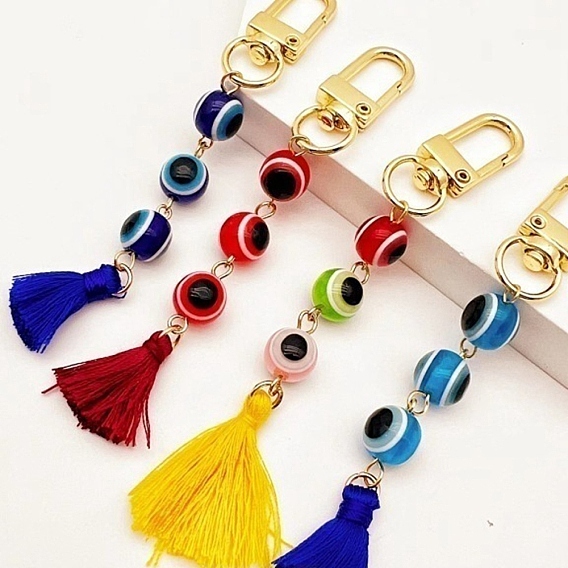 Handmade Evil Eye Lampwork Beads Pendant Decorations, with Metal Clasp and Tassel Pendant