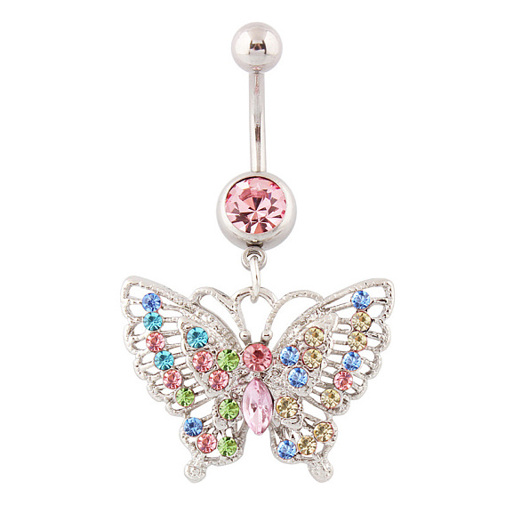 Butterfly Rhinestone Charm Belly Ring, Navel Ring, Piercing Jewelry for Women