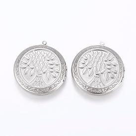 304 Stainless Steel Locket Pendants, Photo Frame Charms for Necklaces, Flat Round with Tree of Life