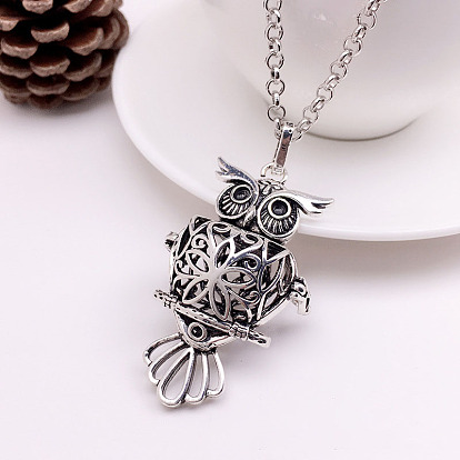 Brass Bead Cage Pendants, for Chime Ball Pendant Necklaces Making, Hollow Owl Charm