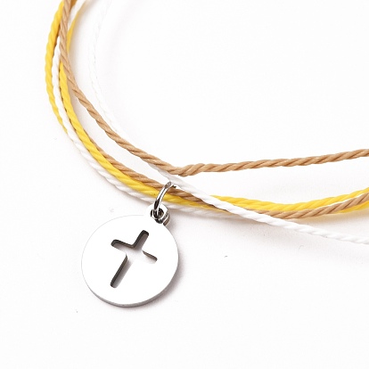 Waxed Polyester Cord Braided Bracelets, with Brass Beads, 304 Stainless Steel Charms, Flat Round with Cross