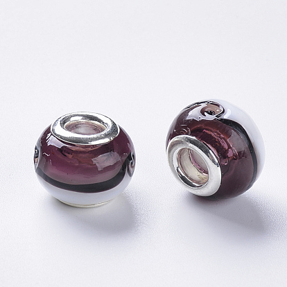 Handmade Lampwork European Beads, Large Hole Beads, with Silver Color Plated Brass Double Cores, Rondelle