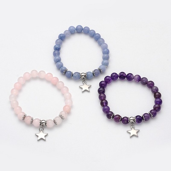 Natural Gemstone Beaded Star Charm Stretch Bracelets, with Stainless Steel Findings, 54mm