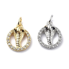 Brass Micro Pave Cubic Zirconia Charms, with Jump Rings, Round Ring & Cobra Snake Charms