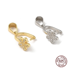 925 Sterling Silver Ice Pick Pinch Bails, with Micro Pave Clear Cubic Zirconia, Flower, with S925 Stamp