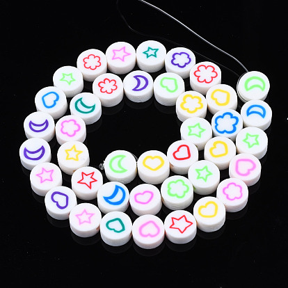 Handmade Polymer Clay Bead Strands, Flat Round with Flower & Moon & Star & Heart