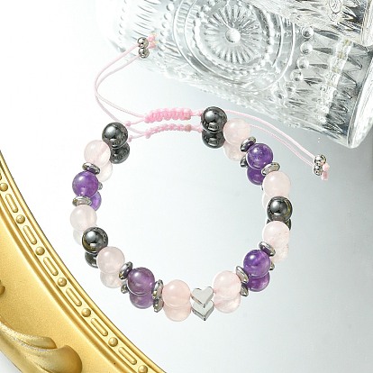 Natural Mixed Gemstone & Brass Heart Braided Bead Bracelet, Adjustable Bracelet for Women