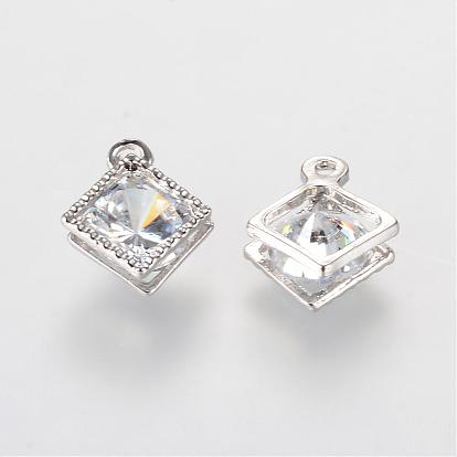 Rhombus Alloy Charms, with Cubic Zirconia, 14x11x5mm, Hole: 1.5mm