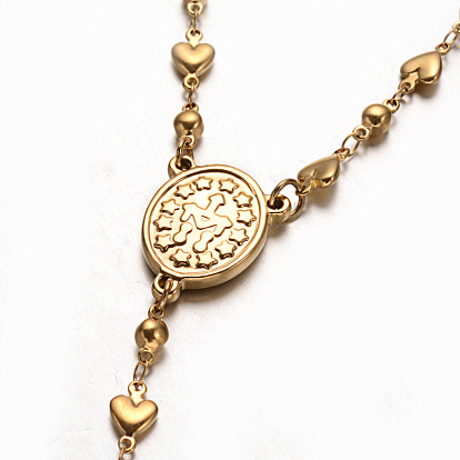 Croix crucifix avec ovale collier de perles rosaire, 304 collier en acier inoxydable pour Pâques, 18.9 pouce (48 cm)