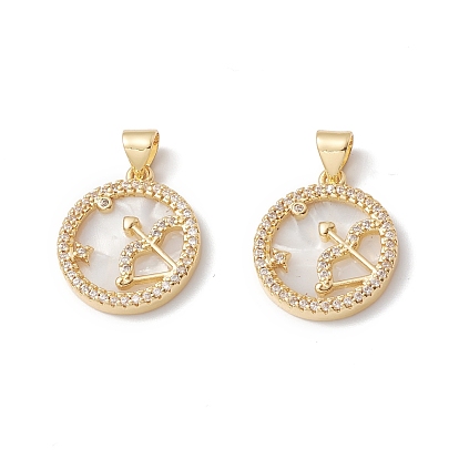 Rack Plating Brass Shell Pendants, with Cubic Zirconia & Natural Shell, Flat Round with Twelve Constellation Charms, Cadmium Free & Lead Free, Long-Lasting Plated, Real 18K Gold Plated