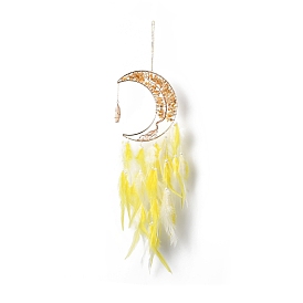 Natural Yellow Aventurine Chips Beaded Tree of Life Moon with Feather Pendant Decorations, with Iron Findings, for Garden Home Ornament