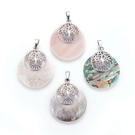 Natural Shell Pendants, with Platinum Tone Brass Findings, Flat Round with Tree of Life