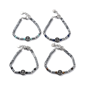 Cross Synthetic Non-magnetic Hematite Beaded Bracelets, Mixed Gemstone Round Bead 201 Stainless Steel Bracelets for Women