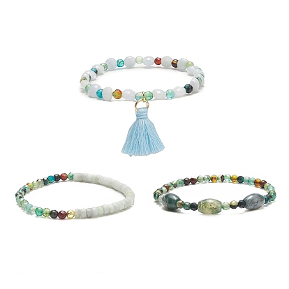 Ensemble de bracelets extensibles en perles d'agate naturelle et d'aigue-marine et de célestite de style pcs, charmes de gland bracelets empilables pour les femmes
